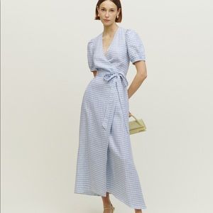 Reformation Weiss blue checked linen wrap dress